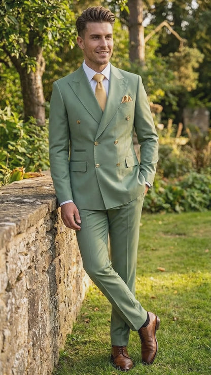 Men’s Sage Green Double Breasted 2 Piece Suit with Gold Buttons, Pistachio Formal Dress Suit