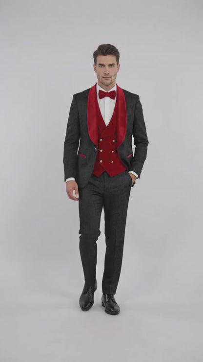 Men’s Black Paisley Tuxedo with Red Velvet Shawl Lapel – 3 Piece Wedding Prom Suit