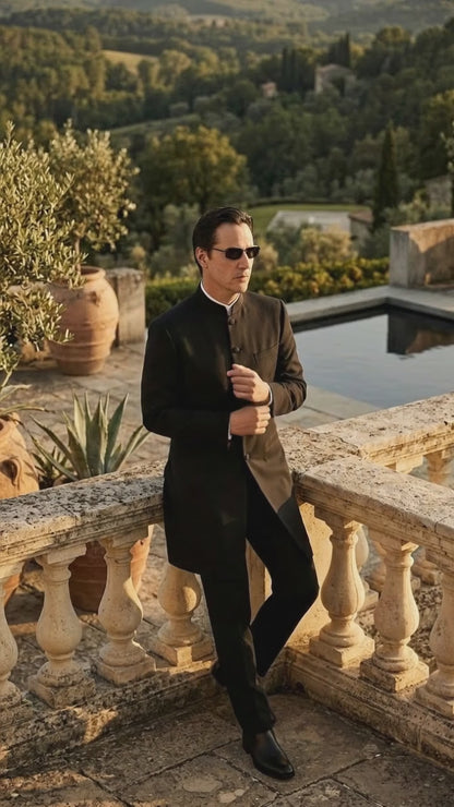 Men’s Black Coat Matrix Keanu Reeves Inspired Long Coat – Classic Mandarin Collar Formal Overcoat, Stylish Winter Trench Coat, Neo Style Jacket