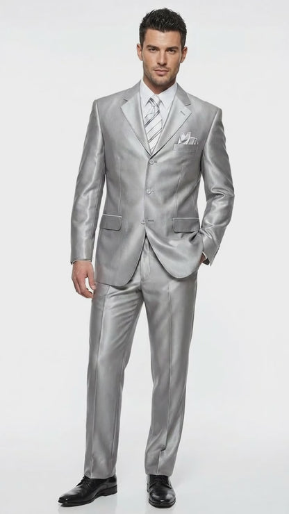 Men’s Silver Grey Sharkskin Suit – 3 Button Classic Fit Shiny Formal Suit for Wedding, Business and Party Wear