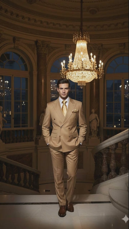 Mens Camel - Bronze - Goldish khaki Double-Breasted Suit  Luxury 2-Piece Formal Set with Gold Buttons and Peak Lapels by Rossi Man