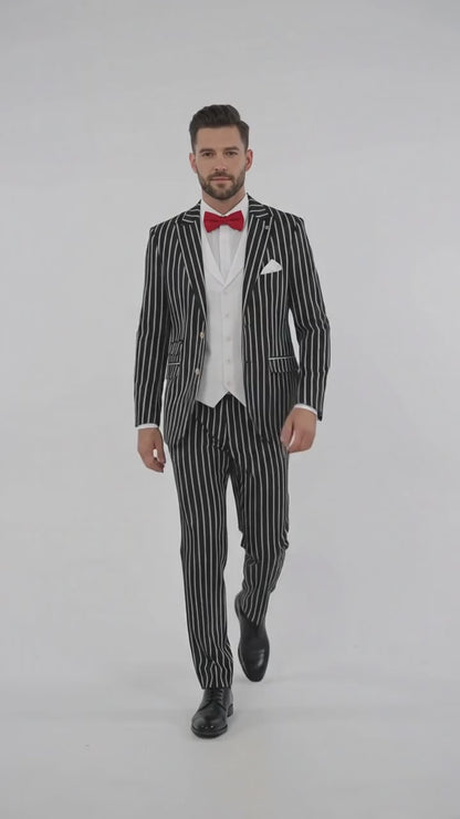 Men’s Black 1920s Bold Pinstripe Gangster Suit with Vest, Vintage Formal Party Dress Suit