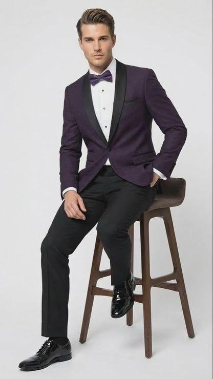 Men's Eggplant Plum Purple Tuxedo Blazer with Satin Lapel, White Tuxedo Shirt and Matching Purple Bow Tie - Slim Fitted - Prom wedding Suit With Pants