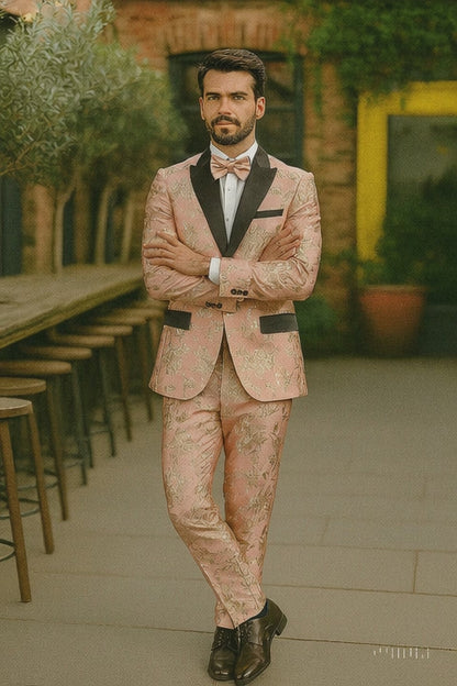 Mens 2 Button Light Baby Pink & Gold Floral Paisley Tuxedo Blazer