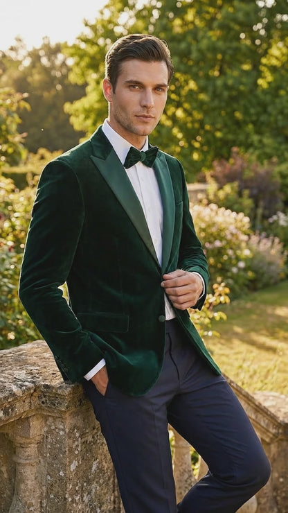 Men’s Hunter Green Velvet Tuxedo Jacket with Peak Lapel, Formal Wedding Prom Dinner Blazer