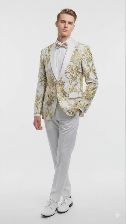 Mens White and Gold Floral Tuxedo Jacket with Satin Lapel  Luxury Prom, Wedding and Formal Dinner Blazer