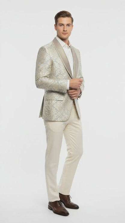 Mens Champaign Silver and Cream Embroidered Luxury Blazer  Floral Pattern Wedding & Party Dinner Jacket in Light Tan Color