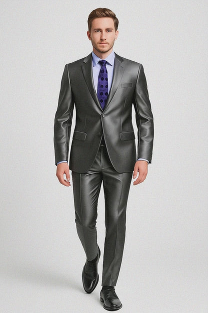 Mens Shiny Sharkskin Suit in Silver Grey