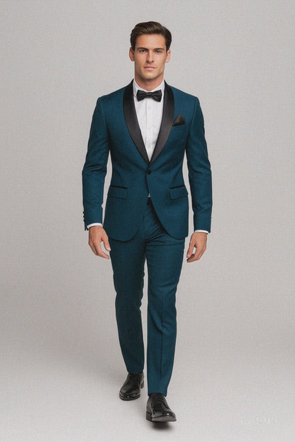 Mens Slim Fit 1 Button Shawl Lapel Tuxedo in Teal