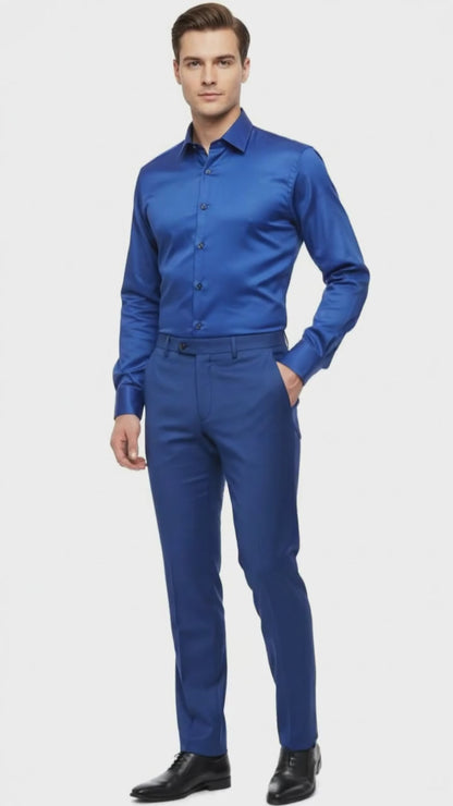 Mens Royal Blue Satin Dress Shirt  Luxury Long Sleeve Formal Shirt for Parties, Weddings, and Business Wear