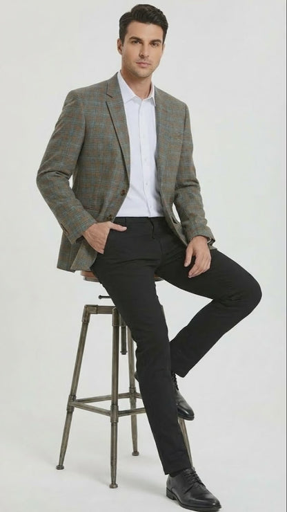 Mens Green Brown and Teal Plaid Sport Coat  Tailored Fit Check Blazer Jacket - Tartan Sportcoat