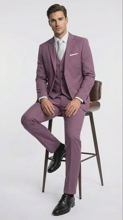 Mens Mauve Three-Piece Suit  Slim Fit Formal Blazer, Vest, and Trousers for Weddings Rose Gold Pinkish Color