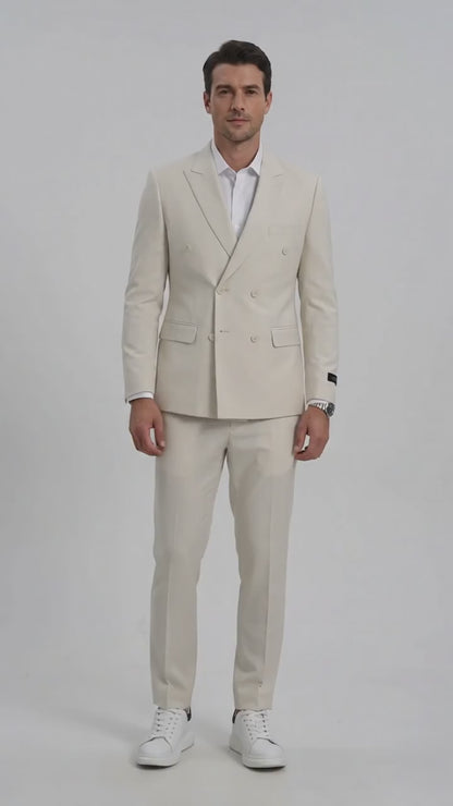 Men’s Ivory Cream Double-Breasted Linen Suit – Off-White Summer Wedding Slim Fitted 2-Piece Suit Cream Color