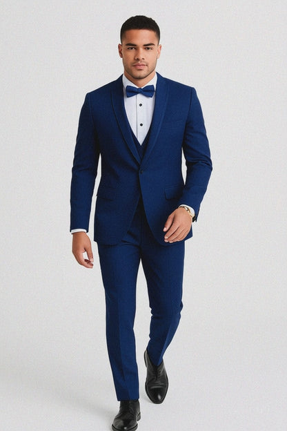 Mens 1 Button Shawl Lapel Vested Wool Wedding - Prom Tuxedo in Bright Sapphire Blue - Mens Slim Fitted Tuxedo