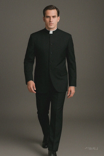 Mens 5 Button Mandarin Collar Tuxedo Suit in Black