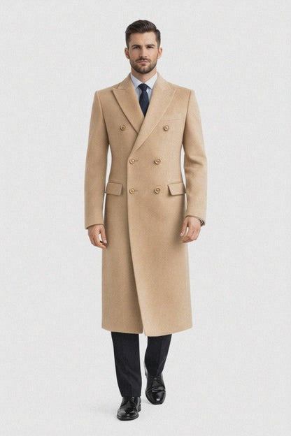 Men's Wool And Cashmere Double Breasted Long Overcoat Beige ~ Camel Three Quarter Winter Men's Topcoat Sale