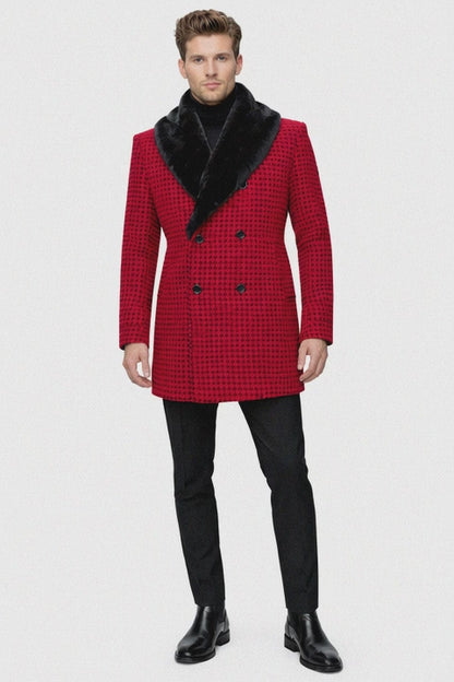Mens Plaid Overcoat - Hounstooth Checker Pattern Topcoat - Red