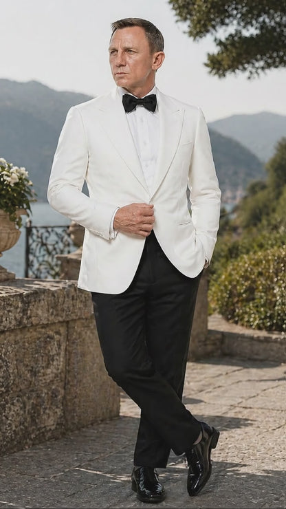 Men’s Pure White Dinner Jacket Blazer – James Bond Style Formal Tuxedo Blazer for Wedding, Black Tie & Evening Wear