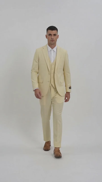 Men’s Yellow Pinstripe Seersucker Suit – 2 Piece Summer Suit Jacket and Pants