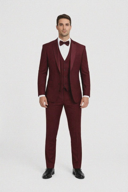Mens One Button Satin Trim Shawl Tuxedo in Burgundy Wool