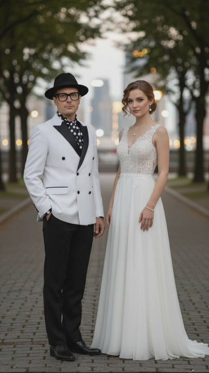 Mens White and Black Double-Breasted Tuxedo  Modern Slim Fit Formal Suit for Weddings, Parties, and Special Occasions