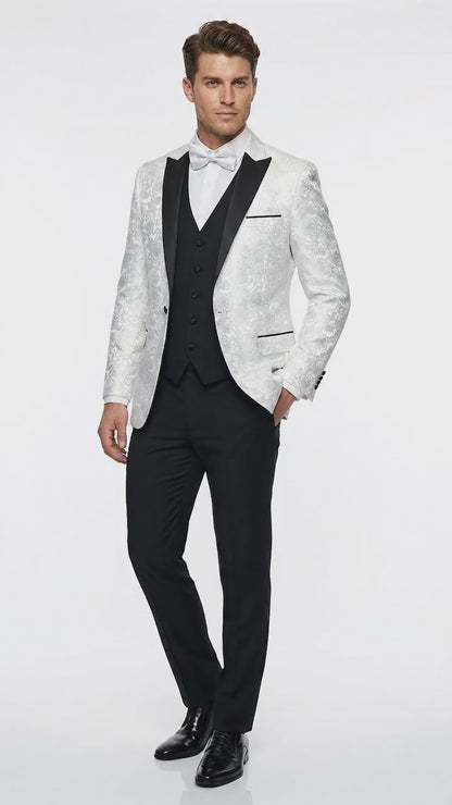 Men’s White Shiny Paisley Flower Pattern Tuxedo Jacket with Black Lapel, Formal Wedding Blazer