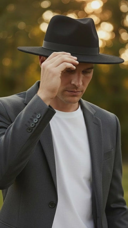 Mens Black Wide Brim Fedora Hat  Classic Wool Felt Dress Hat with Matching Black Band