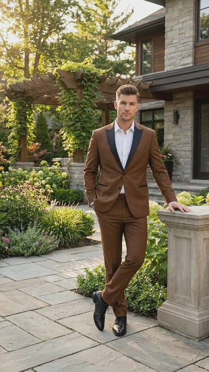 Men’s Light Brown Vested Piece Suit – Elegant Formal Suit with Contrast Lapel for Wedding, Party