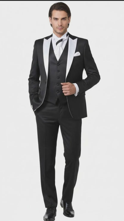 Mens Black and White Lapel Prom Tuxedo Suit  Black Vest  Black Pants Peak Lapel