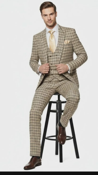 Men’s Beige and Navy Check 3-Piece Suit Set – Premium Tailored Fit Formal Wedding and Business Suit By Rossiman