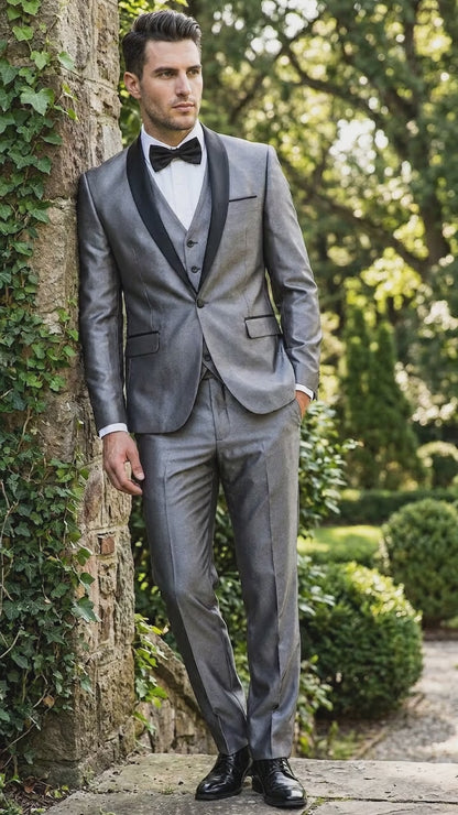 Men’s Silver Grey Sharkskin Vested Tuxedo with 1 Button Jacket, Shawl Lapel and Matching Pants