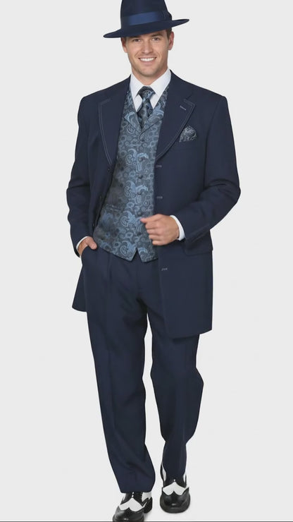 Mens 1920s Navy Blue Zoot Suit  Vintage Gangster 3-Piece Long Jacket Suit Classic Fit Pleated Pants
