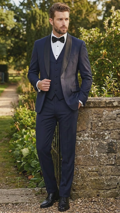 Men’s Navy Blue Vested Wool Tuxedo with 1 Button Jacket, Black Shawl Lapel and Matching Pants