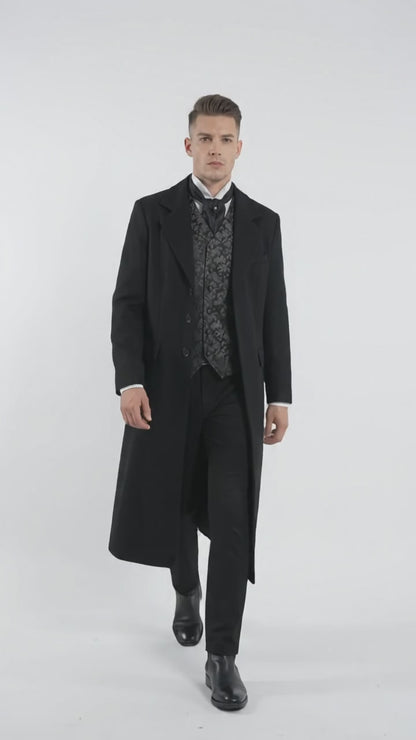 Men’s Matrix Neo Inspired Black Wool Duster Coat – Long Gothic Victorian Full Length Overcoat