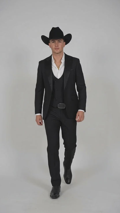 Men’s Black Western Tuxedo Suit – Satin Shawl Lapel Jacket with Double-Breasted Vest and Pants