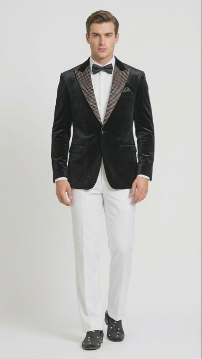 Mens Black Velvet Tuxedo Blazer with Studded Lapel  Formal Evening Jacket