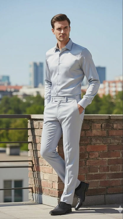 Mens Silver Satin Dress Shirt and Pants Set  Luxury Slim Fit Outfit for Parties, Weddings, and Formal Events