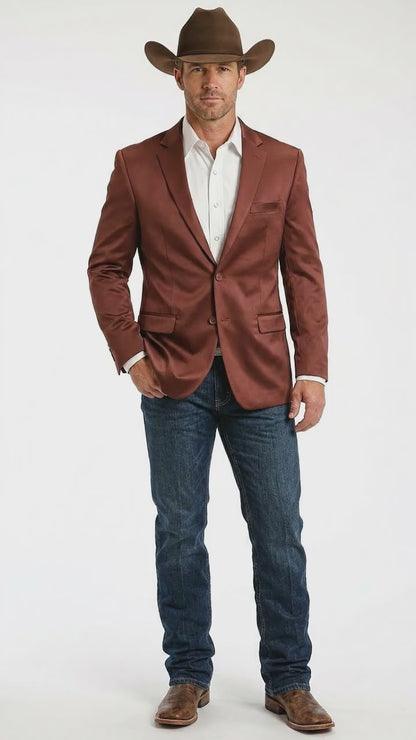 Mens Rust Light Brown Shiny Western Blazer – Cowboy Style Formal Sport Coat Jacket in Copper Color Slim Fitted
