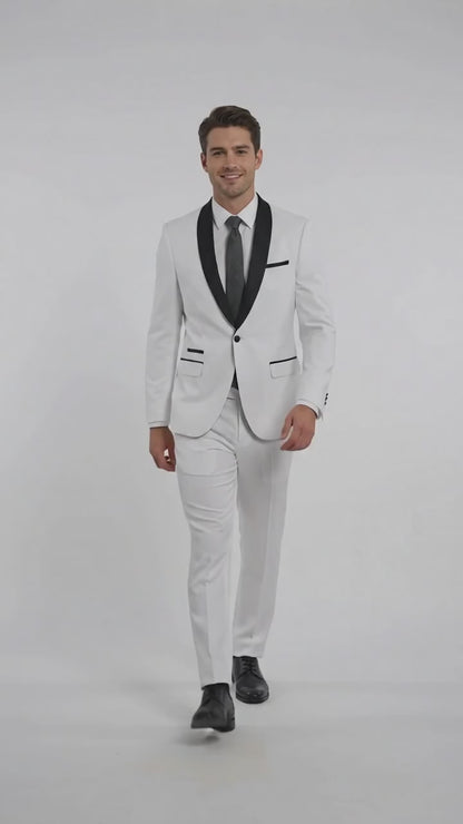 Men’s White 1-Button Shawl Lapel Tuxedo Jacket – Black Trim Wedding, Prom and Formal Dinner Blazer