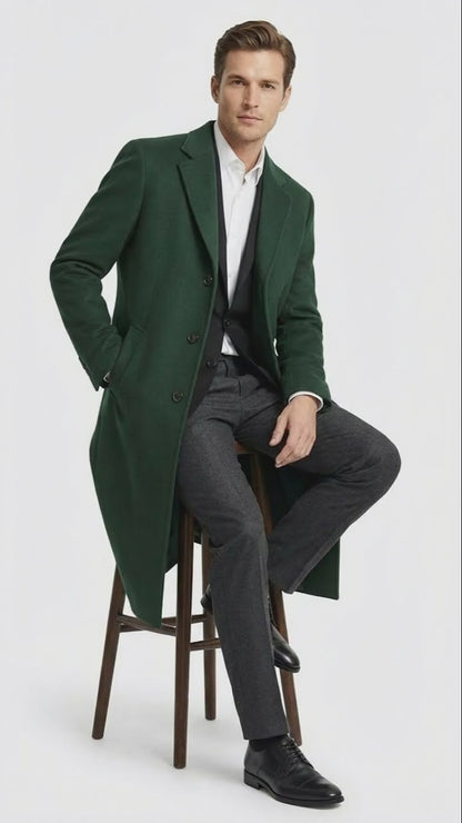 Mens Hunter Green Full-Length Wool Overcoat  Classic Winter Dress Coat for Formal and Casual Wear Topcoat Mens Wintercoat