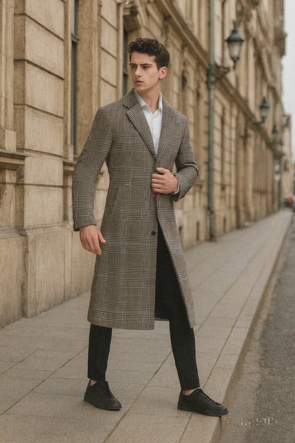 Mens Full length  Long Plaid Overcoat  Classic Checkered Wool Blend Winter Coat in Gray Color Checkered