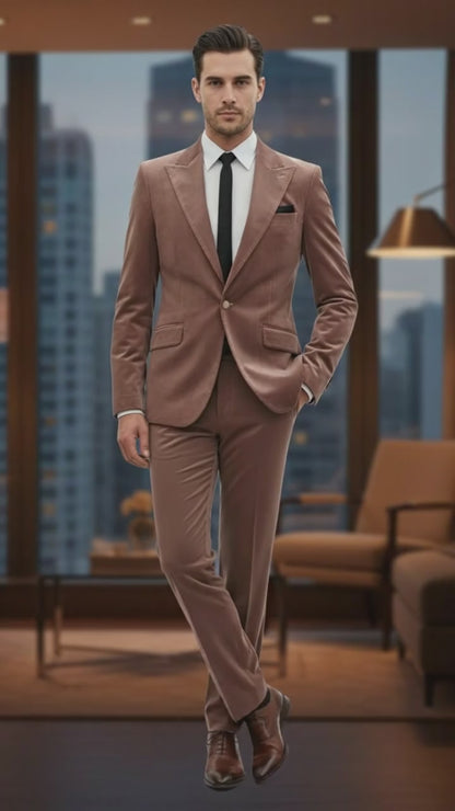 Mens Mauve Velvet Suit  2 Piece Ultra Slim Fit Blazer and Pants Formal Set in Light Brown Tuxedo