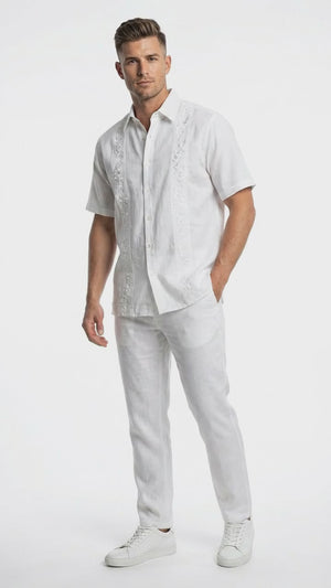 Mens White Embroidered Walking Suit Set – Short Sleeve Shirt and Pants Casual Summer Outfit for Vacation, Beach and Everyday Wear