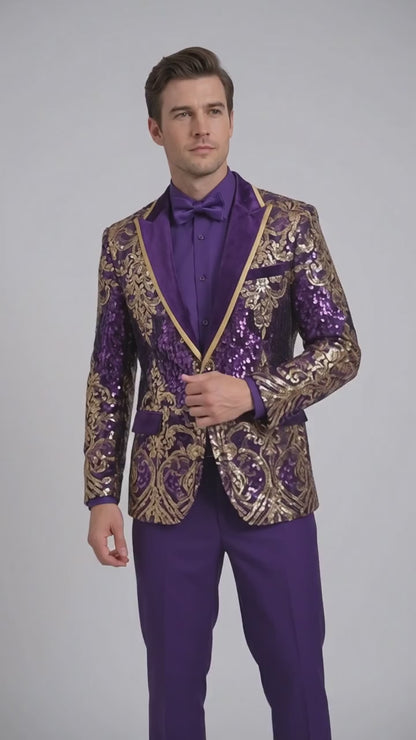 Men’s Purple and Gold Sequin Suit with Pants – Luxury Prom, Wedding and Party Blazer