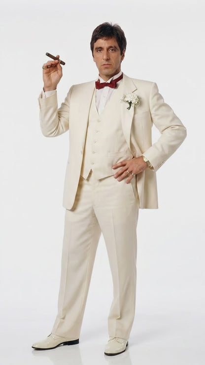Tony Montana’s Ivory Vested Suit – Classic Ivory 3 Piece Suit for Wedding, Formal and Evening Wear