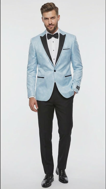 Men’s Baby Blue Tuxedo Blazer with Black Lapel – Formal Dinner Jacket for Wedding, Prom and Evening Events  in Sky Light Blue Color