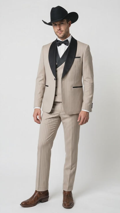 Men’s Beige Pinstripe Western 3 Piece Tuxedo Suit with Black Shawl Lapel, Formal Cowboy Wedding Prom Suit in Tan Khaki Color