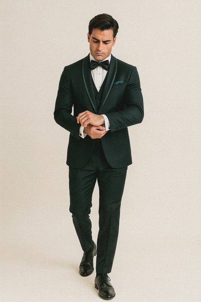 Mens Vested Shawl Lapel Tuxedo With Satin Trim in Hunter Green