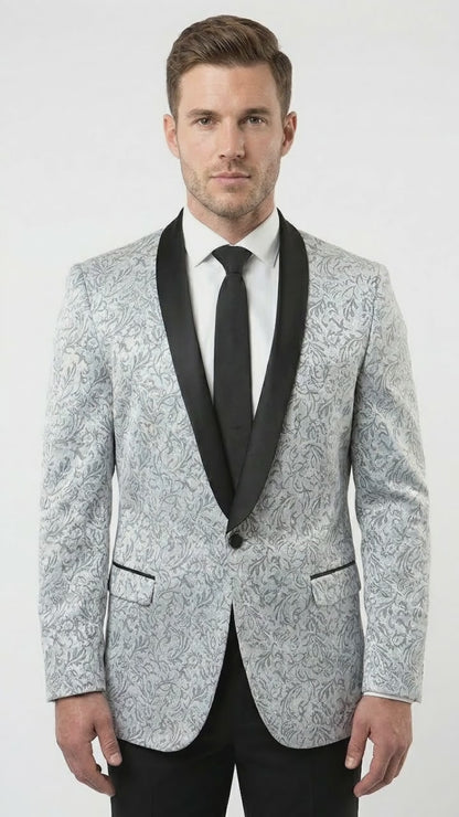 Men’s Silver and Black Floral Blazer – Elegant Formal Tuxedo Style Blazer Jacket for Wedding, Party, Prom and Evening Wear