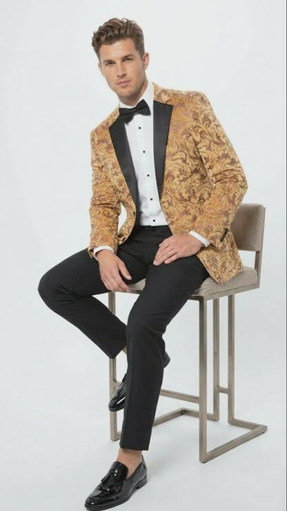 Mens Yellow Gold Baroque Pattern Tuxedo Blazer Suit  Party and Wedding Jacket Prom Paisley Black Pants